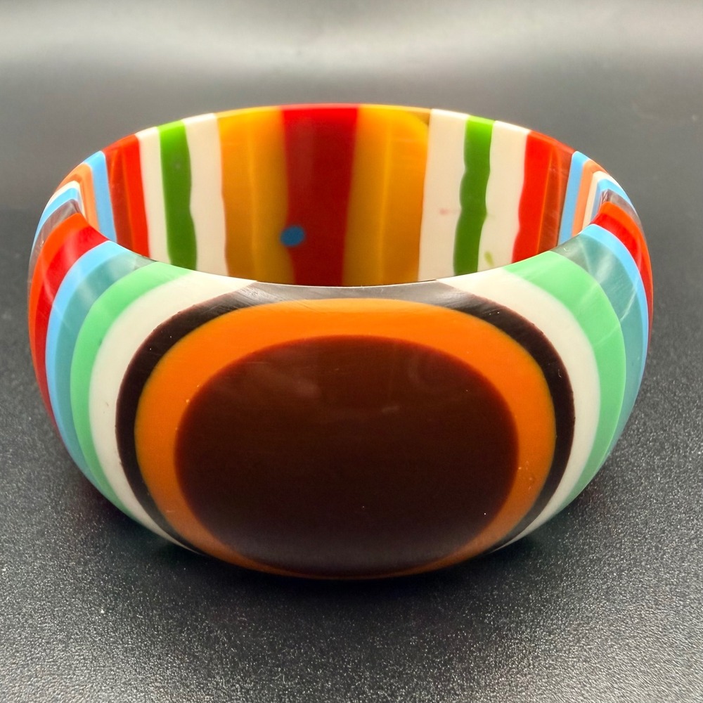 Vintage Bangle Bracelet Multicolor Laminated Striped Bullseye Chunky‎ Acrylic 8 - Picture 10 of 10